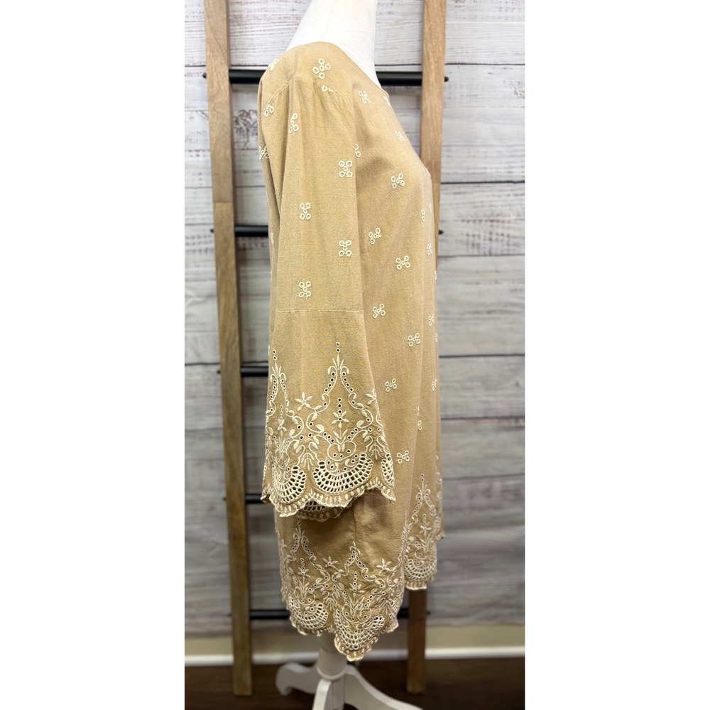 Sundance Embroidered Eyelet Boho Shift Dress Tan Cotton Bell Sleeve Petite 10 - Picture 13 of 14